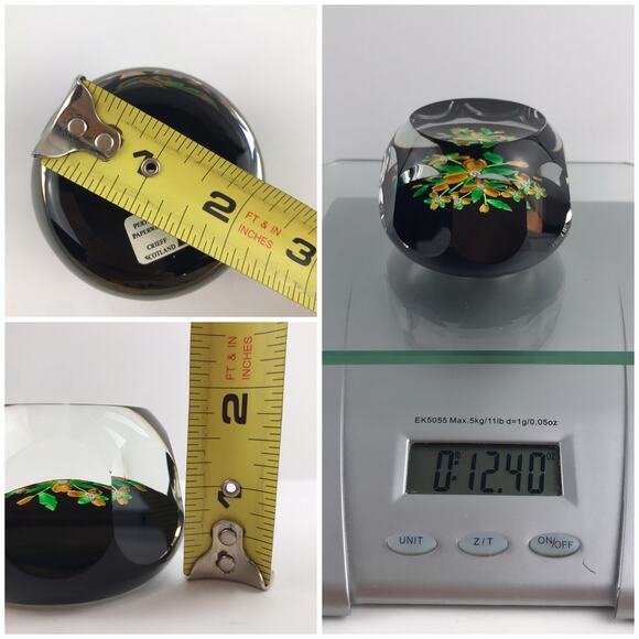 Perthshire 2001B Amber Bouquet Lampwork Flower Black Ground Faceted Paperweight - Picture 10 of 12